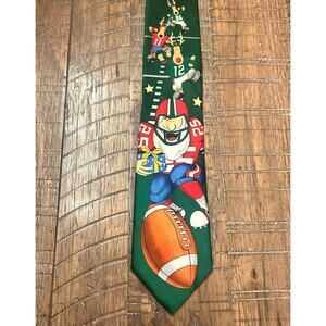 Christmas Tie Santa Playing Football Reindeer Stars Green Black Red